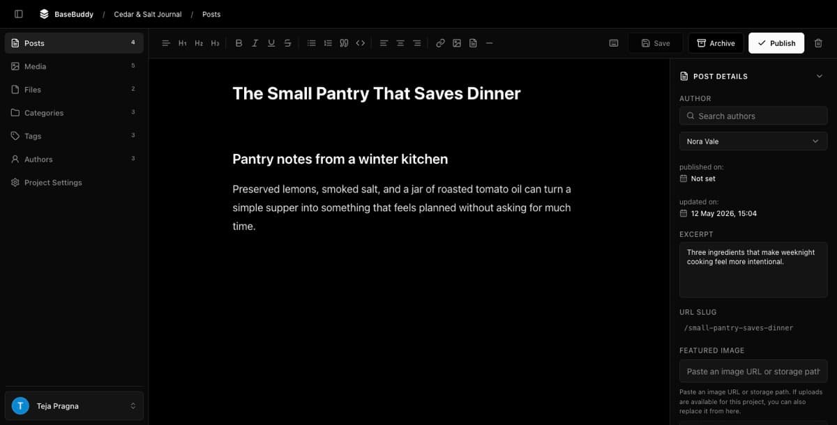 BaseBuddy editor with a mapped post open and post details in the sidebar