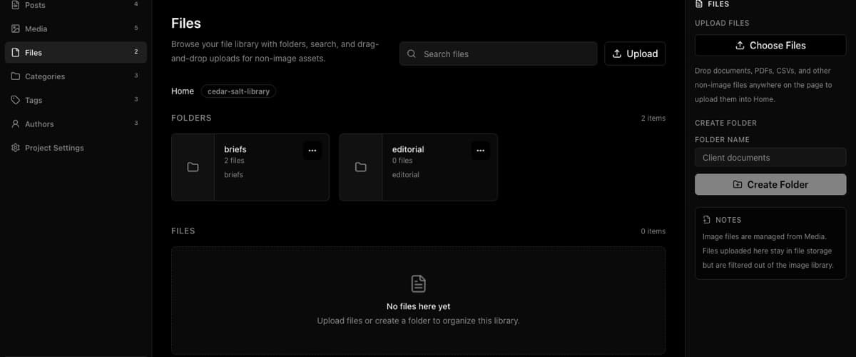 File library with mapped folders, upload controls, and file-specific notes