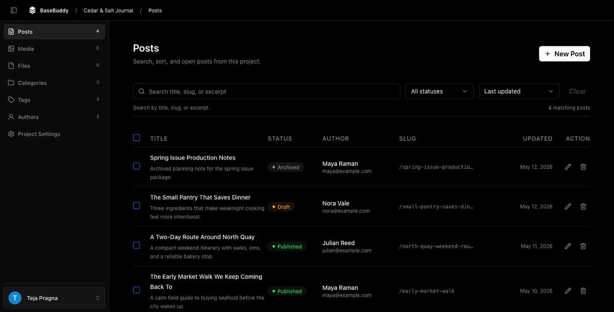 Mapped posts list with bounded rows, filters, and editor navigation