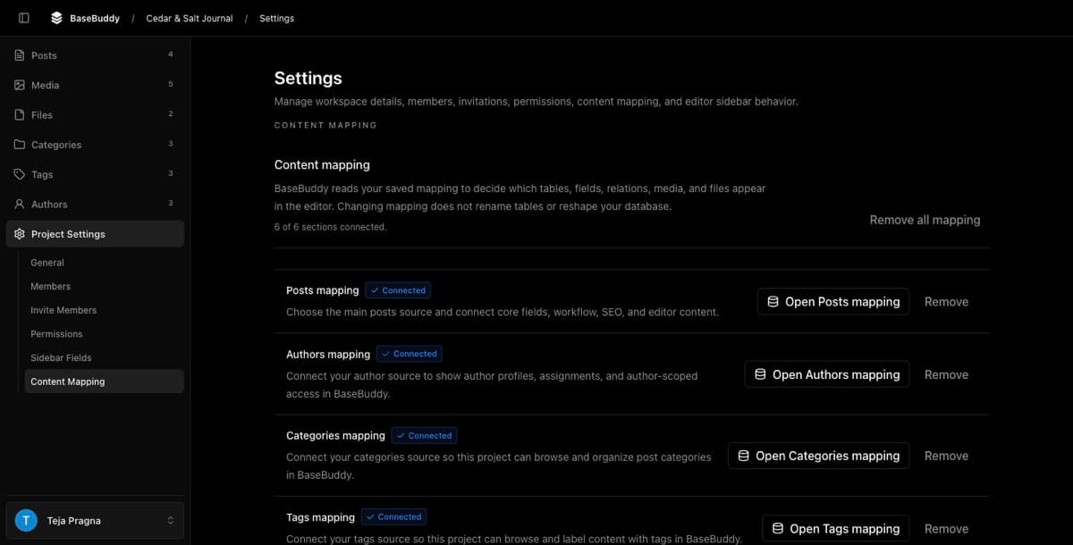BaseBuddy mapping settings showing content tables and mapped fields