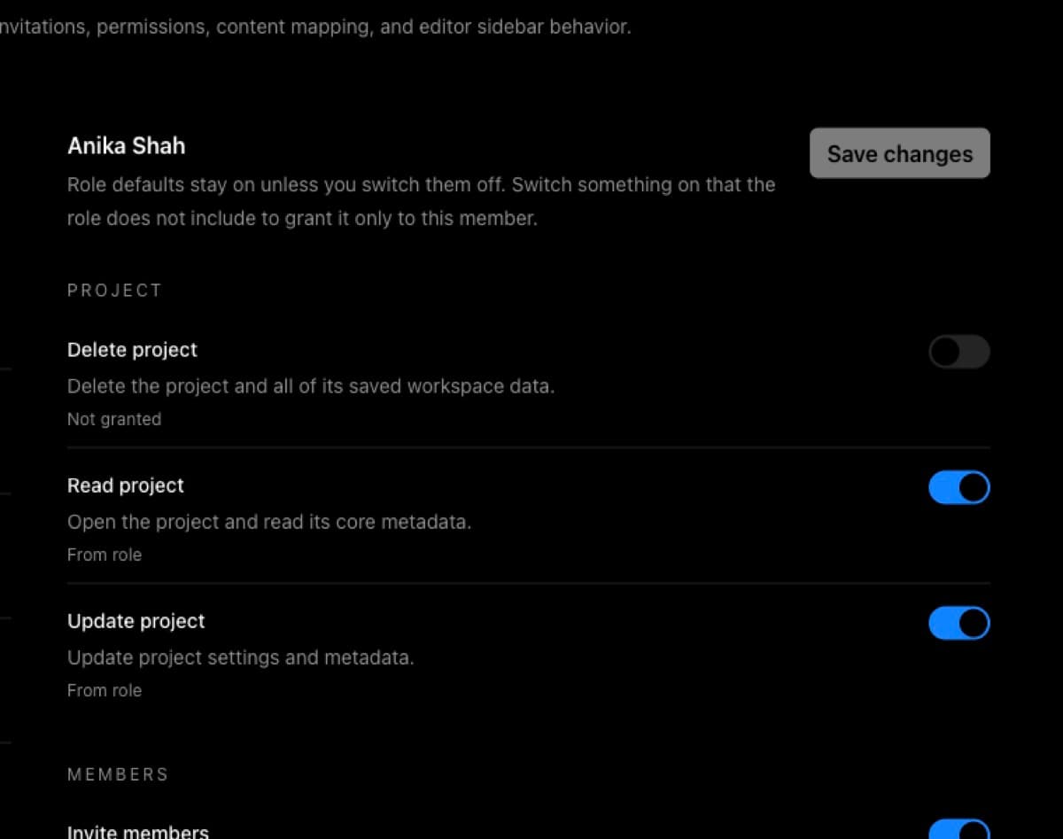 Permission overrides screen for a demo member without exposing member emails