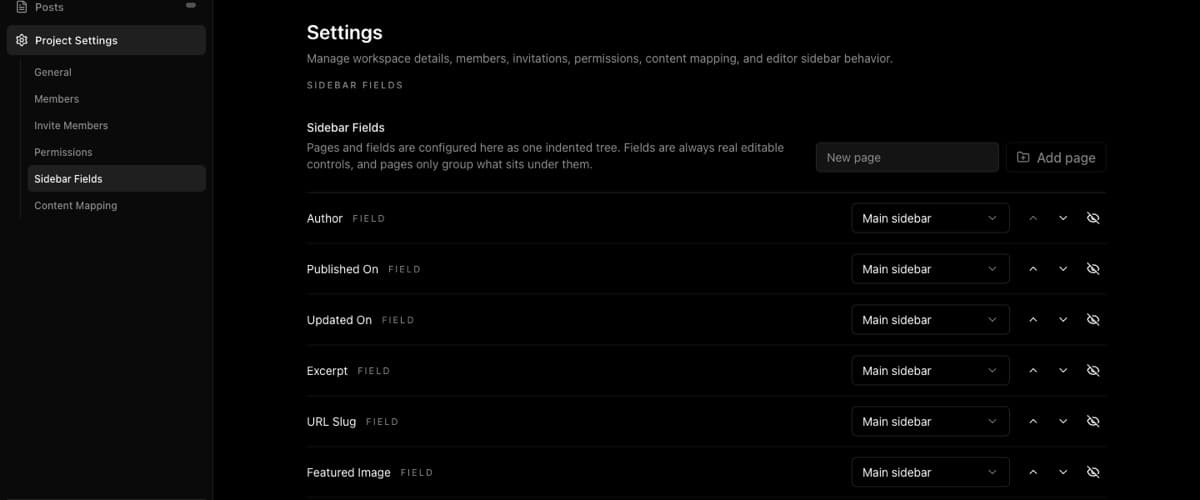 Sidebar Fields settings with mapped editor fields assigned to the main sidebar