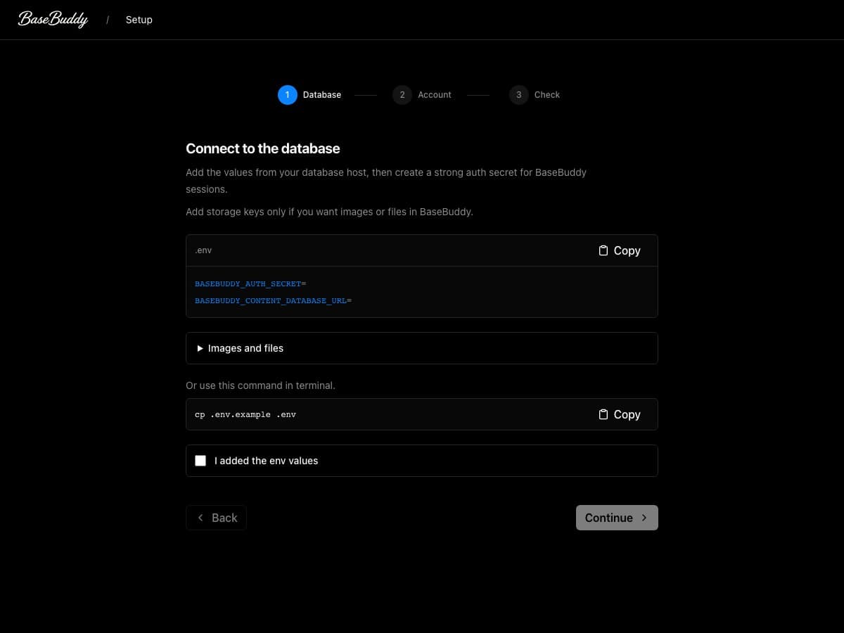 BaseBuddy setup screen showing required env keys and optional images/files storage