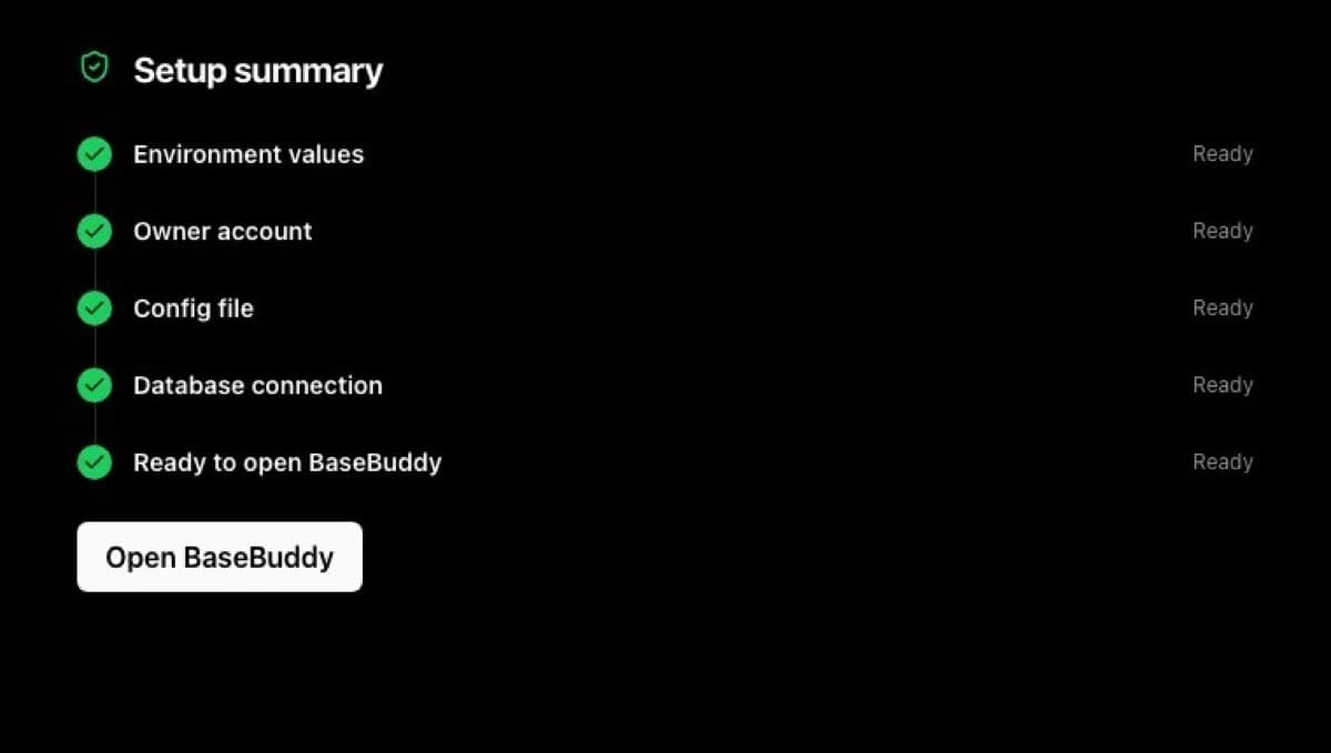 BaseBuddy setup summary showing environment, owner, config, database, and ready checks