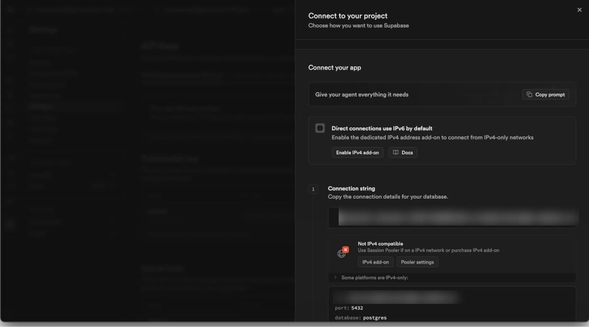 Supabase Connect dialog showing the database connection string area with private values blurred