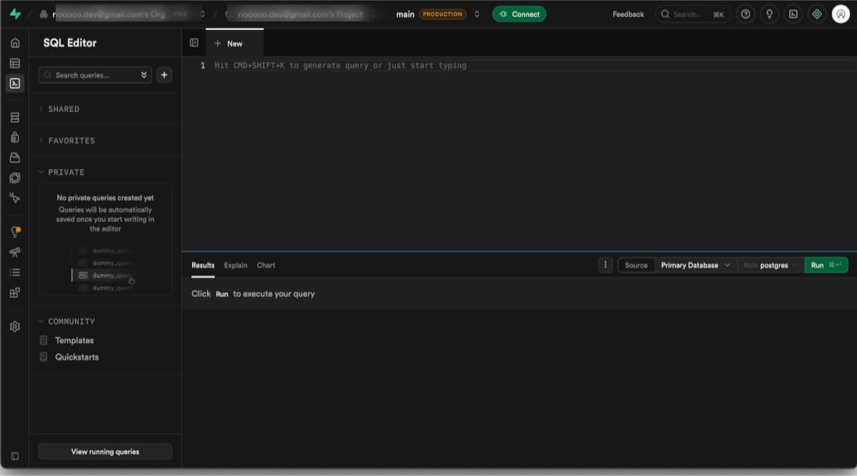 Supabase query editor ready for a new query