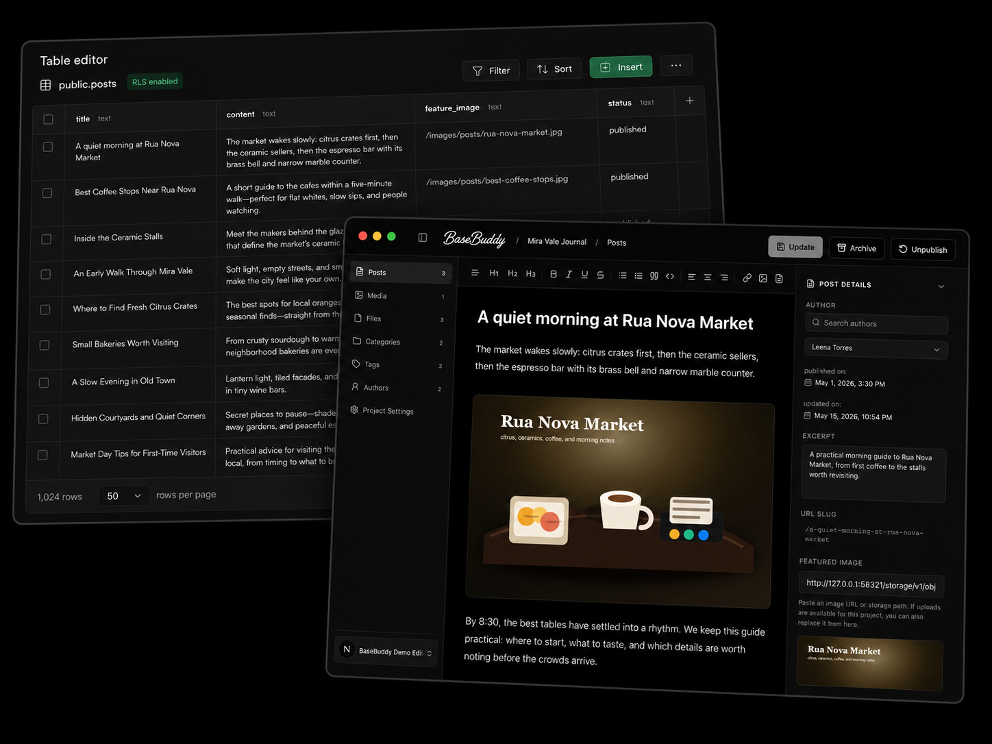 Supabase posts table mapped into the BaseBuddy editor